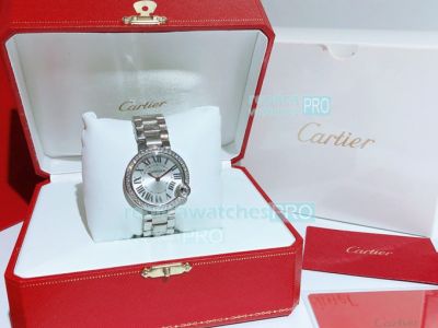 Copy Ballon Bleu De Cartier Women's Watch White Dial White Leather band Rounded Bezel 36mm